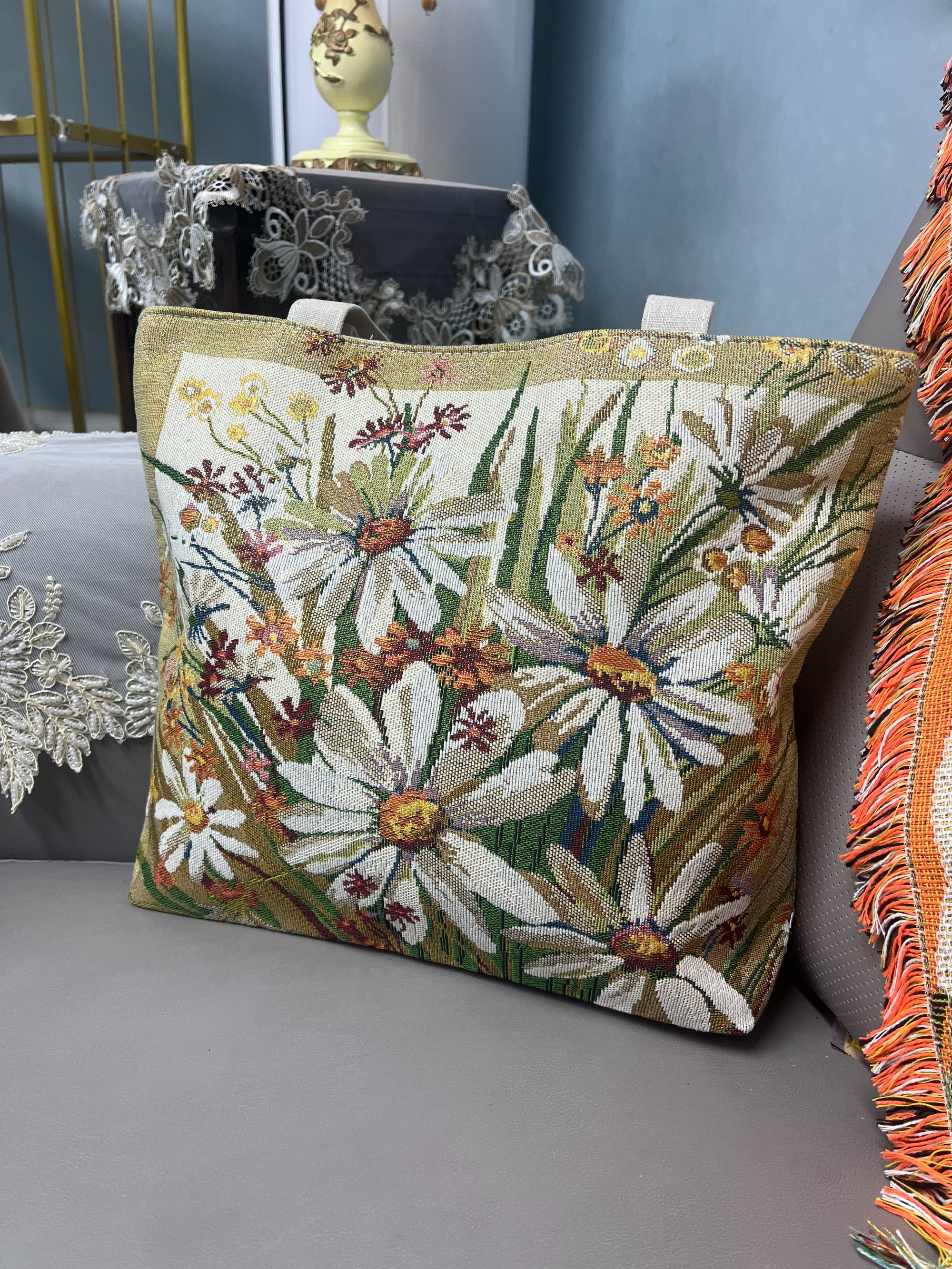  E-07【35*15】 棉 麻质  小雏菊  图案 家用 加厚方形棉麻手提包