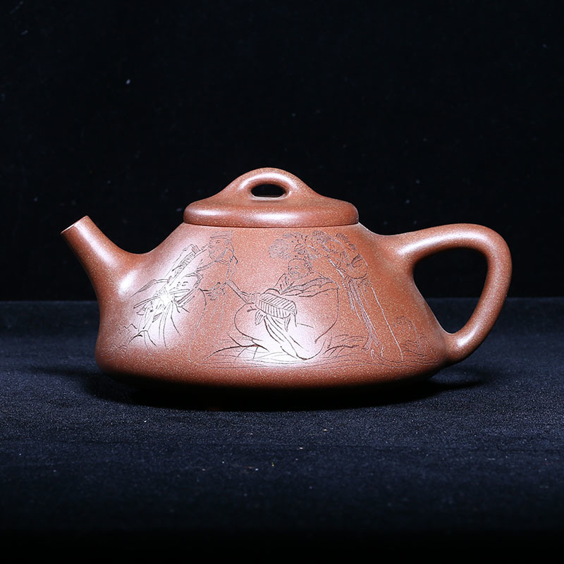 老紫砂壶茶具紫砂一厂桃花泥9孔450c刻绘八仙过海石瓢壶泡茶壶