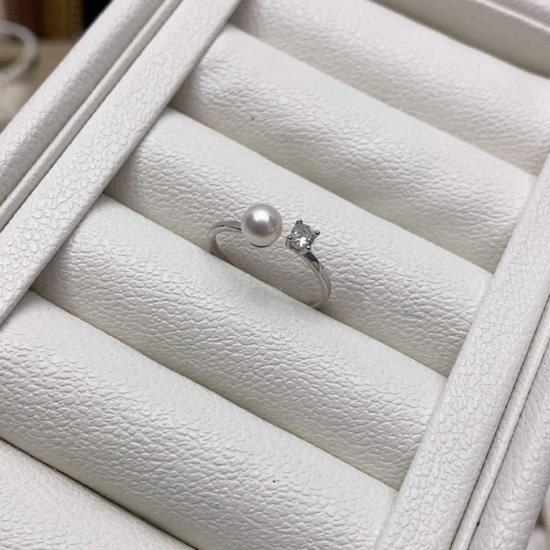 淡水珍珠戒指银S925镶嵌极光5-6