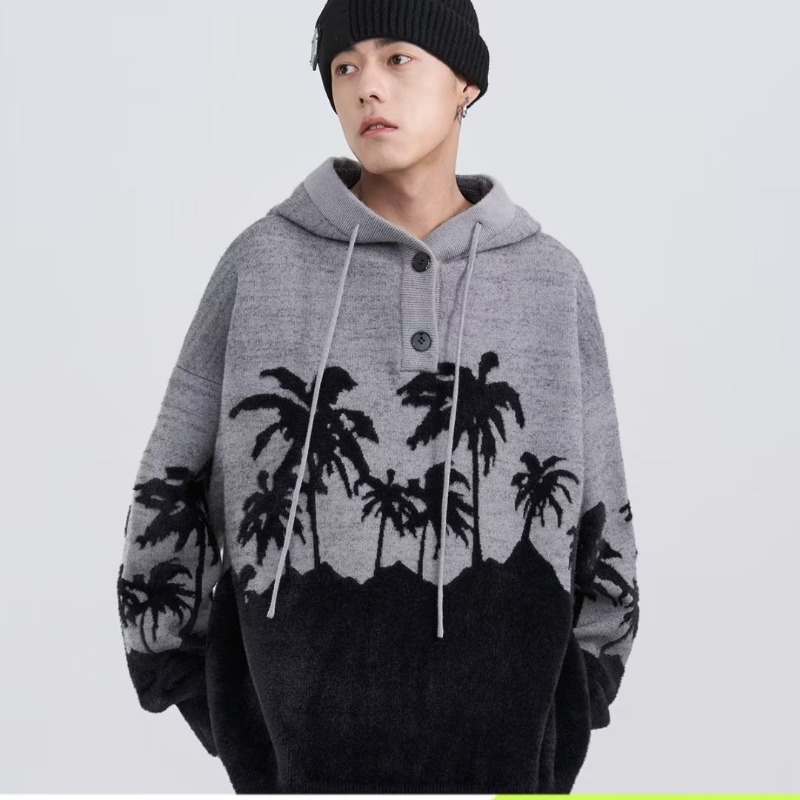 秋冬男士宽松美式复古椰树连帽针织毛衣打底衫