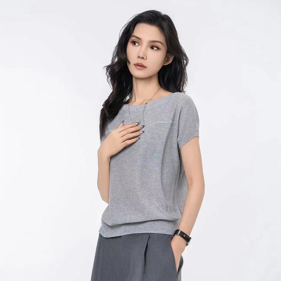 AMASS/阿玛施夏季新款简约风细闪冰丝圆领毛衣针织衫T恤女5399620