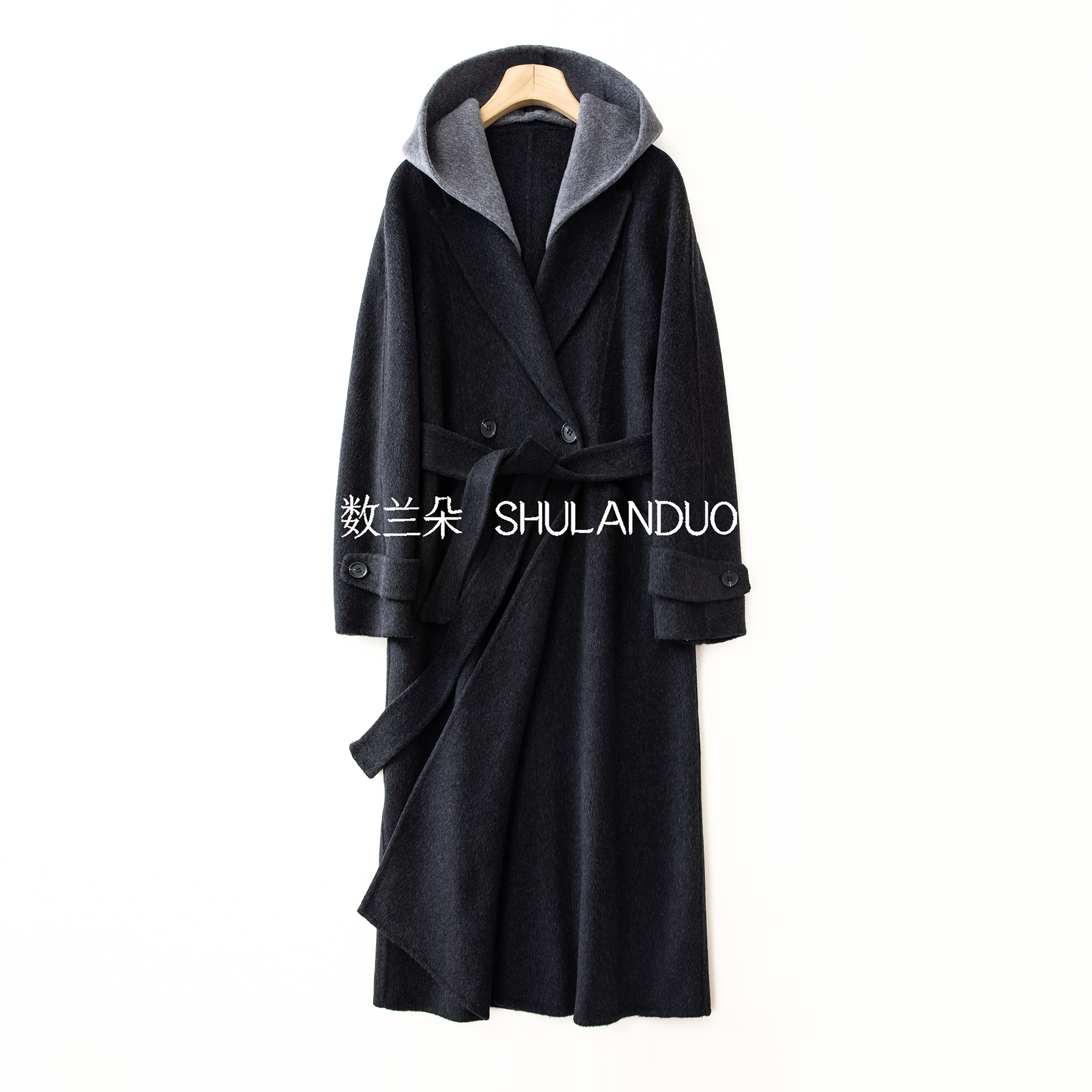 【连帽毛呢大衣】数兰朵厚款羊毛羊绒翻领双面呢 秋冬休闲风长大衣