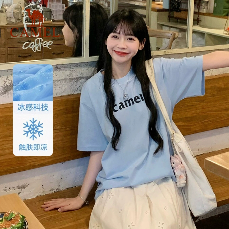 骆驼夏日冰感T恤女复古原创圆领休闲宽松白色上衣运动通勤服饰