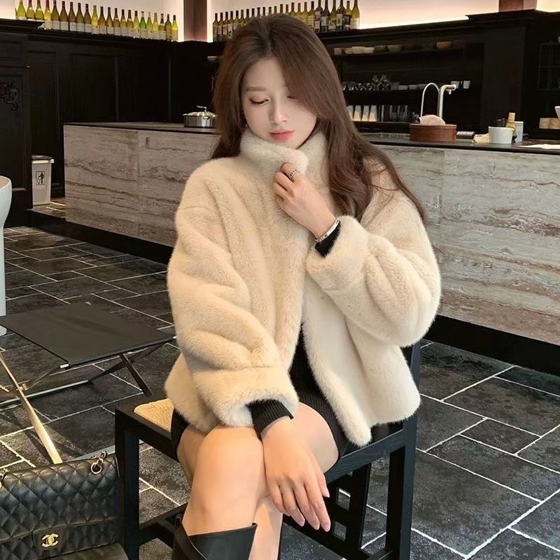 欧貂绒立领皮毛一体外套.
