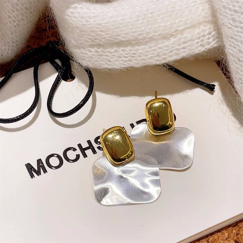 铜合金耳饰【表白】风金银撞色拉丝方糖耳环简约时尚百搭电镀18K