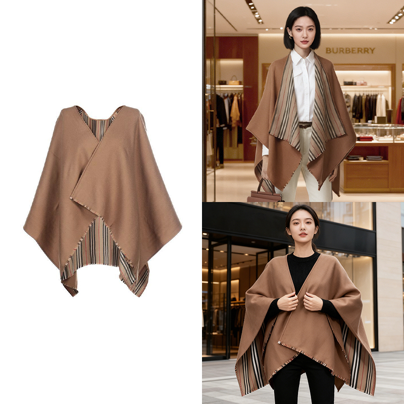 【年终好礼】BBR博柏利 经典条纹棕/黑色羊毛双面女士披肩斗篷