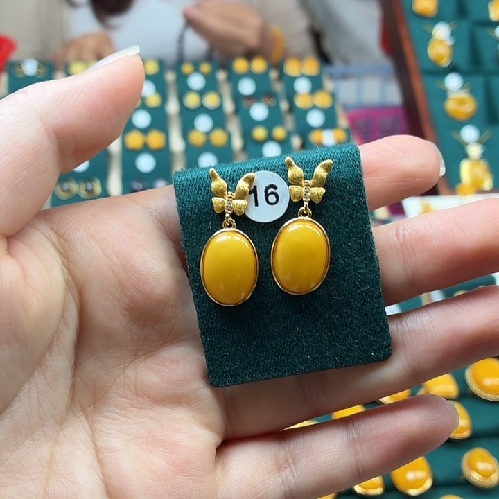 琥珀银S925镶嵌耳饰