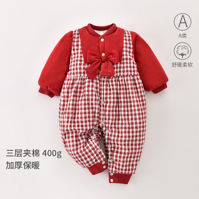 婴儿拜年服喜庆连体衣女宝宝百天周岁礼服冬装爬服新生儿哈衣外出