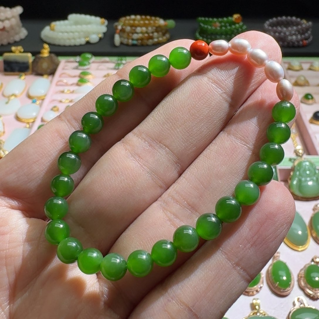 和田玉珠链未镶嵌碧玉荧光冰绿6mm手链