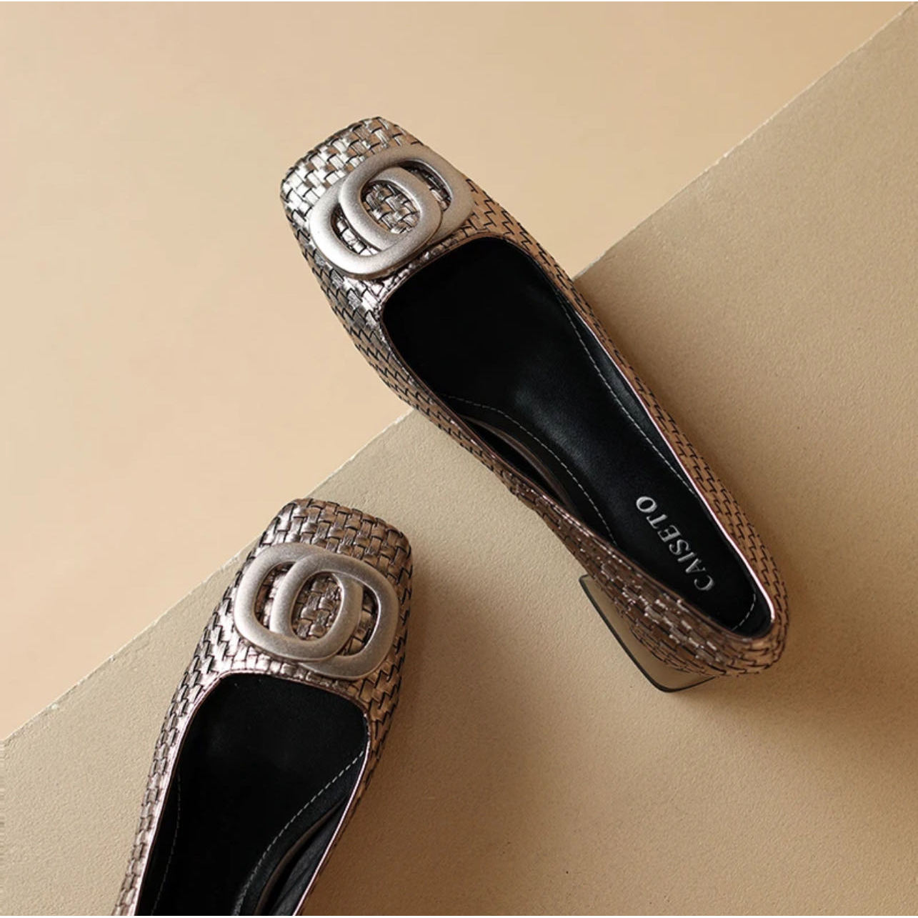 头层牛皮/3cm/新款时尚百搭舒适真皮编织方头中跟女鞋CST-24D261