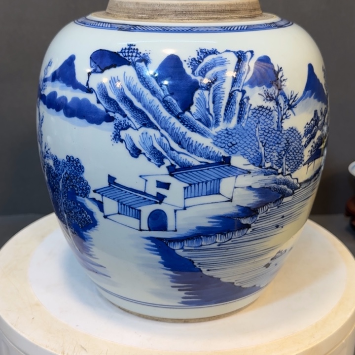 摆件乡****筑瓷器摆件青花