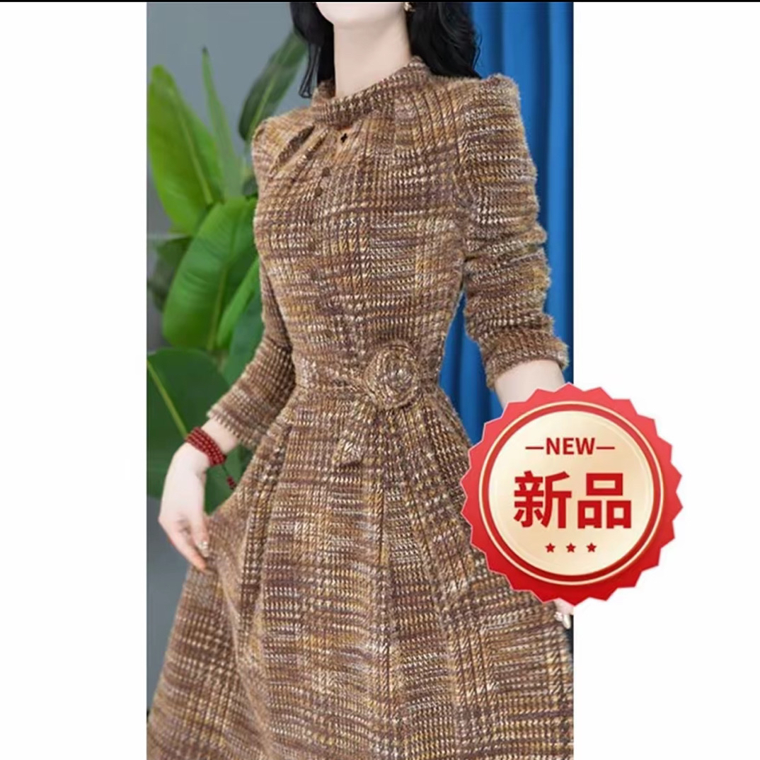 A0141冬季新款复古显瘦收腰加厚修身长袖遮肉气质优雅连衣裙