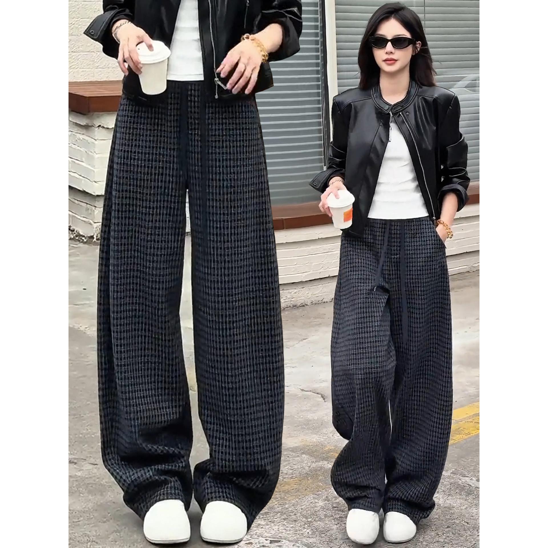 加绒加厚格子阔腿裤女秋冬季裤子2025新款休闲慵懒风弯刀拖地长裤