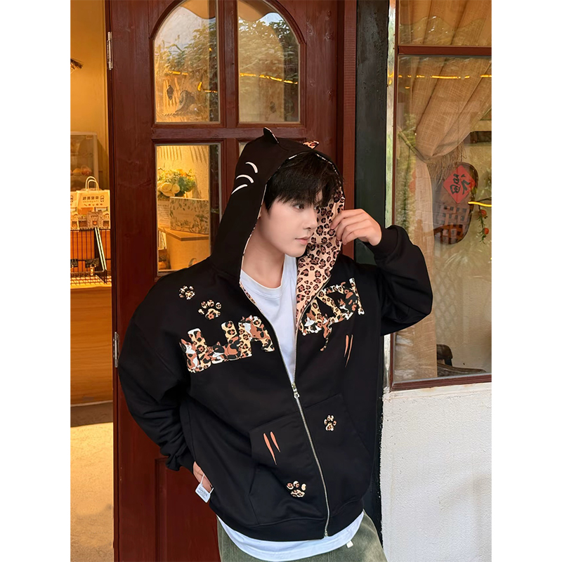 美式复古豹纹动物贴皮字母开衫外套潮牌秋冬加绒拉链上衣连帽卫衣