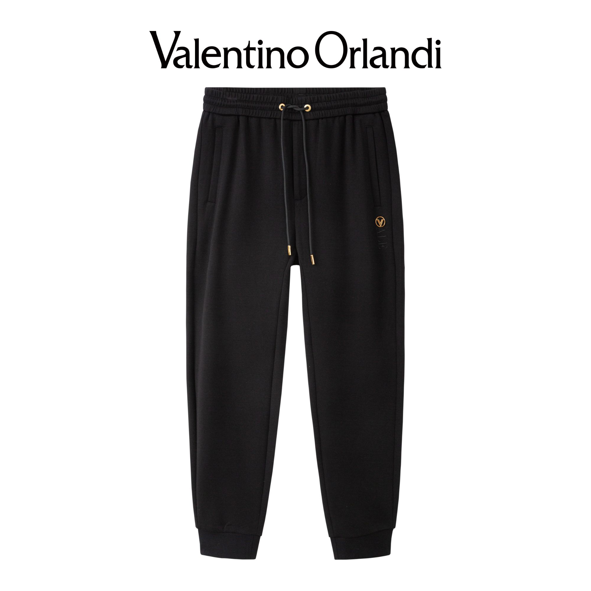 Valentino orlandi男士秋冬A版时尚百搭金属徽章针织束脚休闲长裤