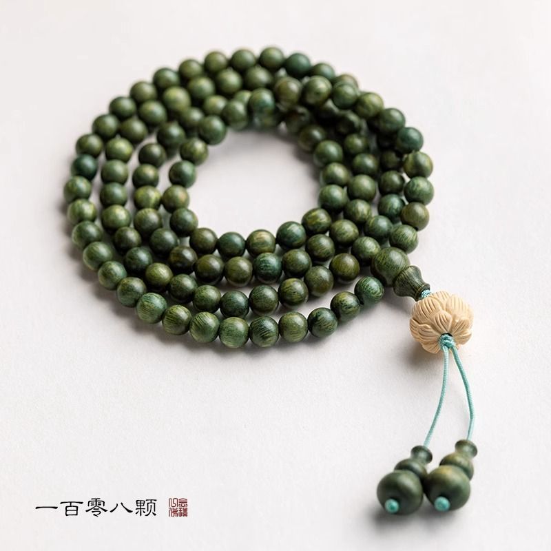 正宗绿檀手串108颗莲花佛珠纯天然手持串珠男女士情侣念珠多圈