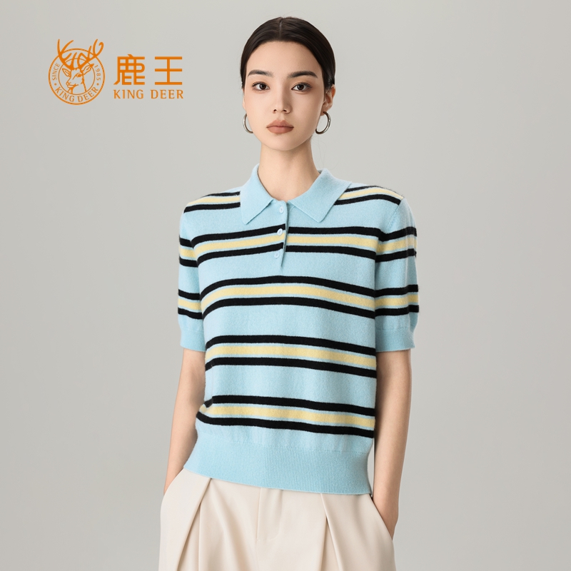鹿王25秋冬新款女T恤领100山羊绒休闲条纹百搭针织套衫 5J7084