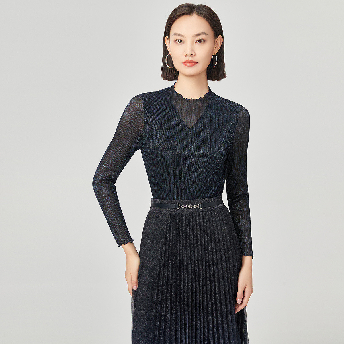 【岚岚专属】设计高级感显瘦通勤长袖上衣褶皱珠光纱T恤针织衫