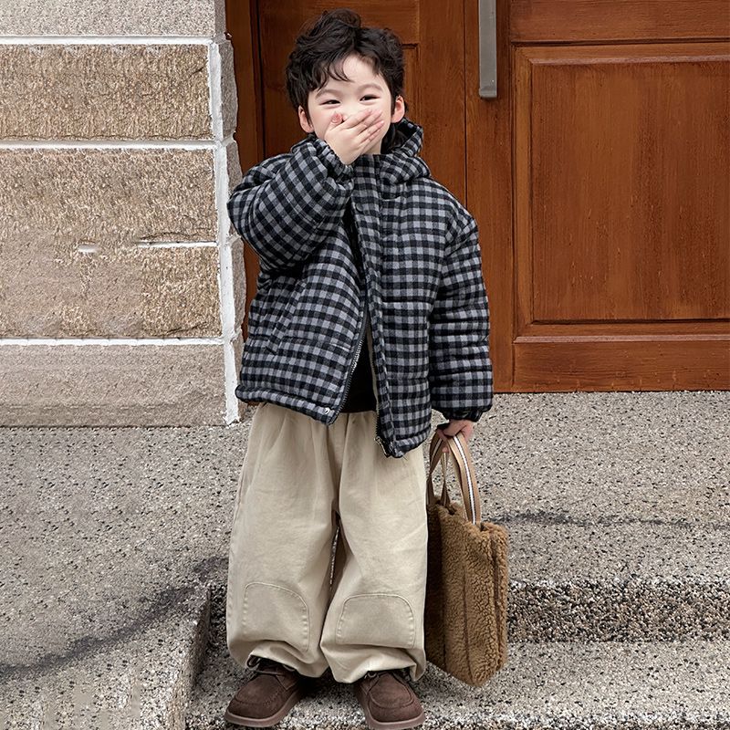 2025童装男童冬季棉服帅气加厚保暖外套韩系儿童格子宽松韩版棉服
