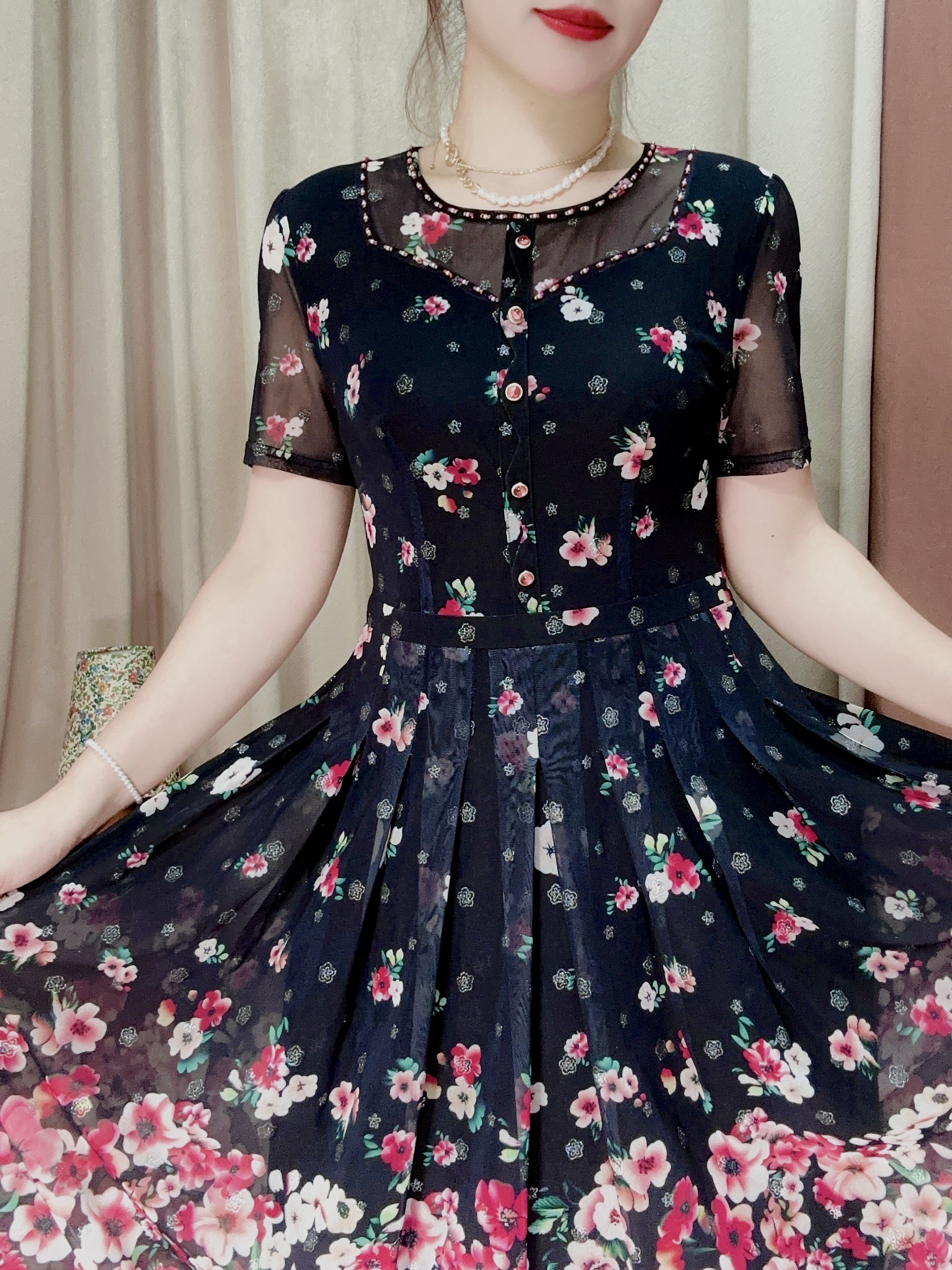 D 1352#女连衣裙妈妈装显瘦时尚夏季气质修身百褶裙收腰