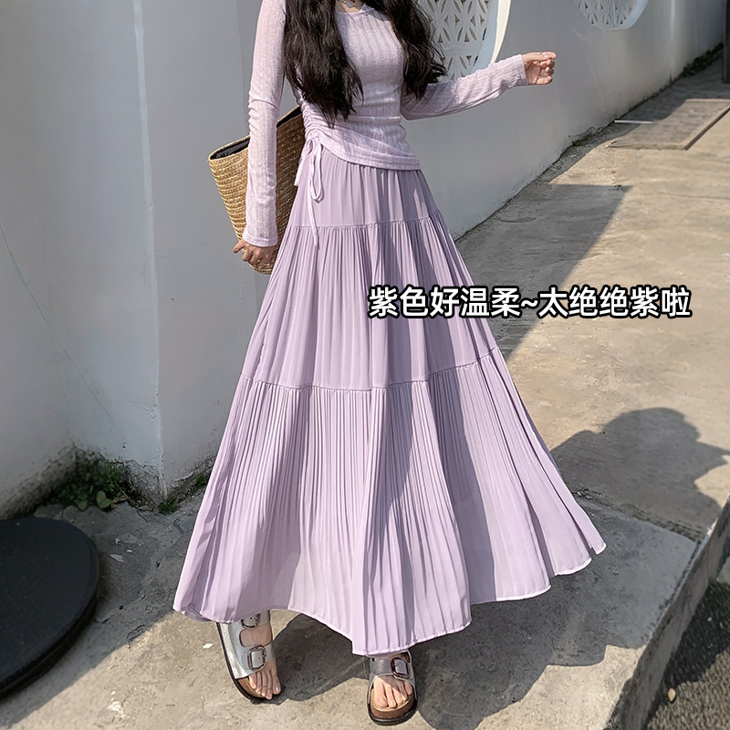 2025新款韩系紫色百褶裙女夏季高腰a字遮胯伞裙小个子褶皱半身裙