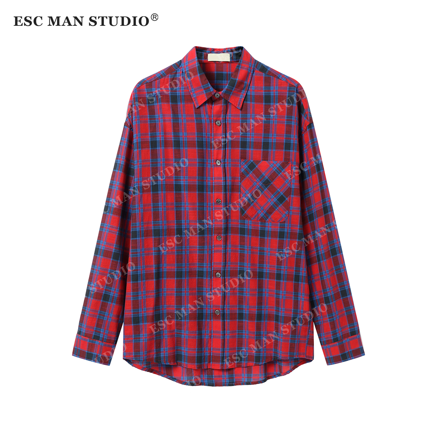 ESC MAN STUDIO/自制 红蓝格纹撞色设计CHIC风早秋休闲长袖衬衫