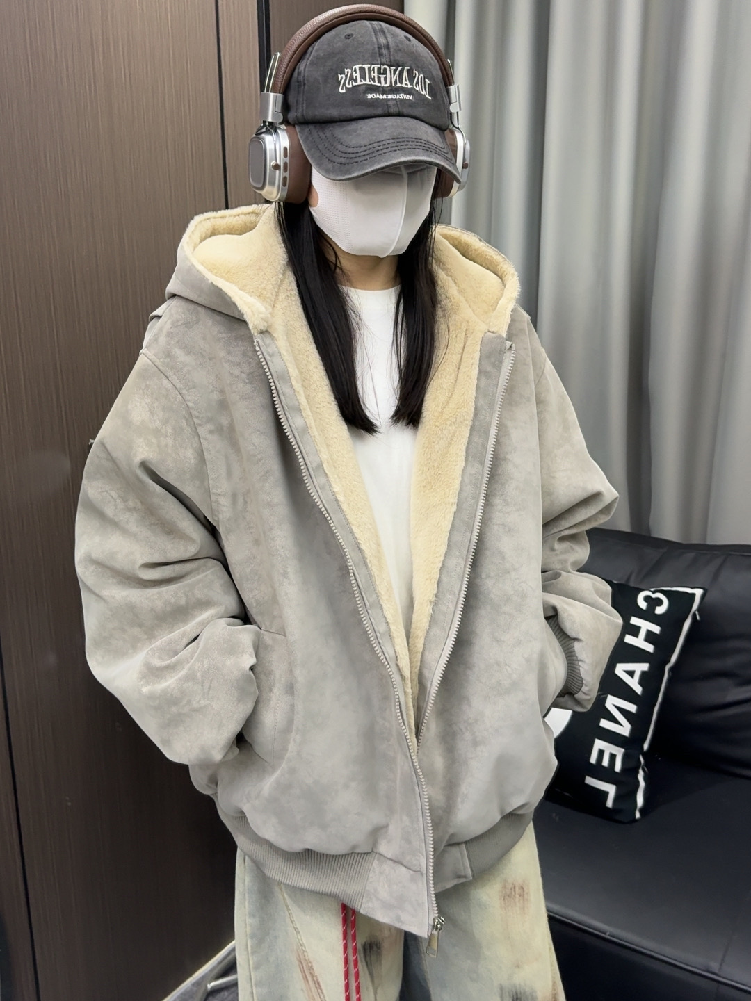 美式复古座山雕厚款过冬仿兔毛连帽棉服ins潮流宽松男女pu皮棉衣