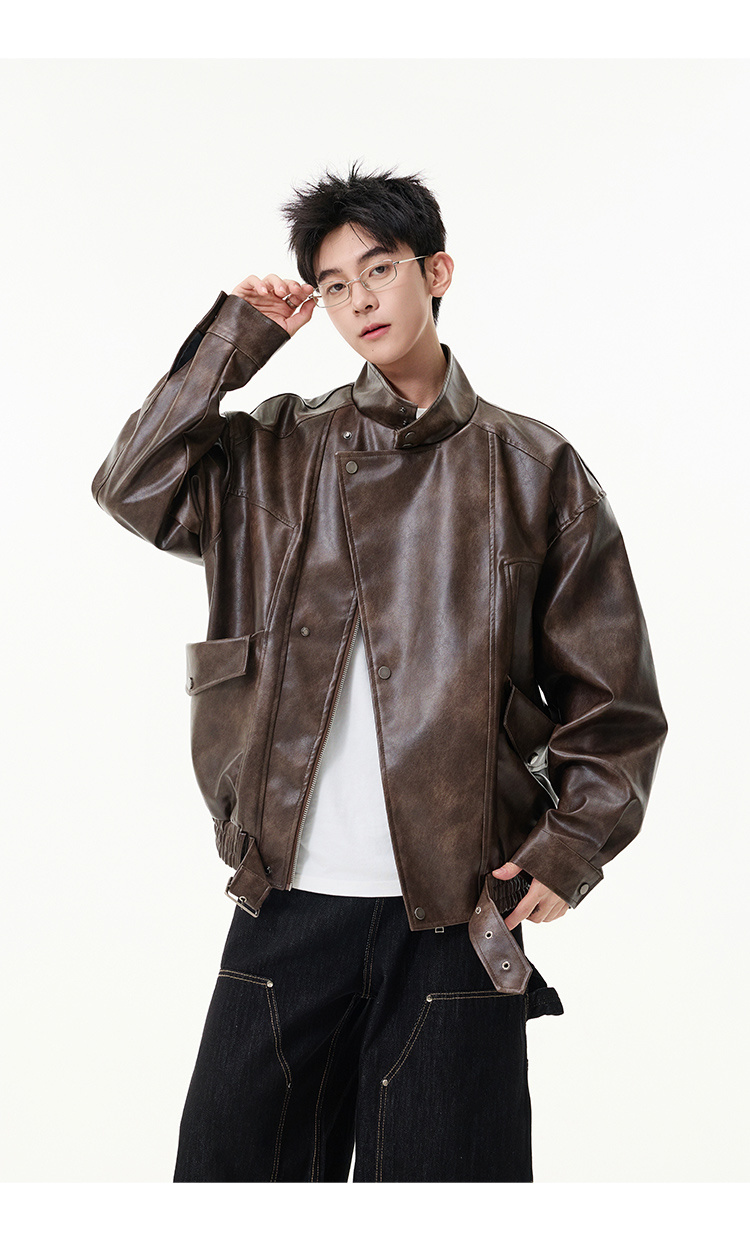美式做旧擦色机车皮衣男秋冬新款潮牌复古中性风PU短款夹克立领