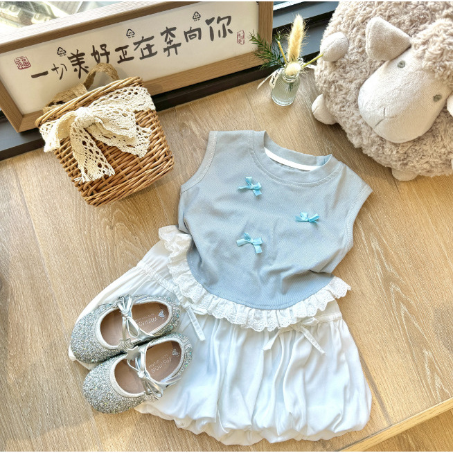 夏装蓝色女童套装女宝无袖蕾丝边背心上衣儿童吊带薄款外穿500100