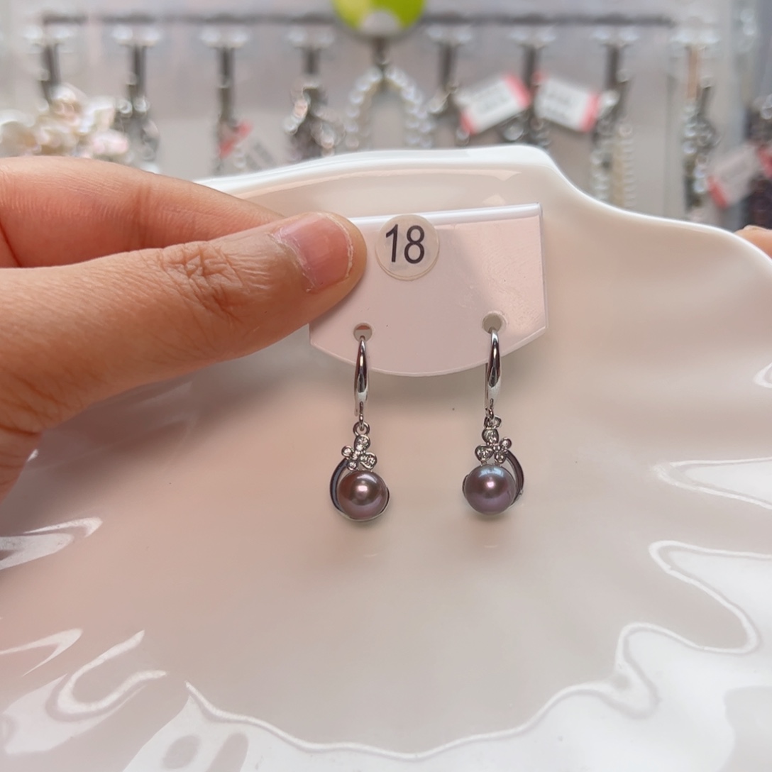 淡水珍珠耳饰银S925镶嵌孔雀紫耳勾卷