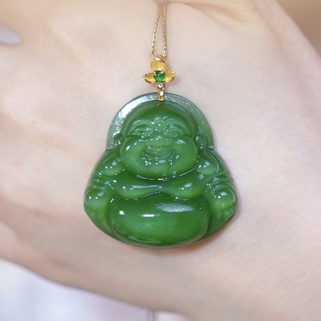 【芒心珠宝】天然和田玉18K金镶嵌碧玉35mm佛公吊坠