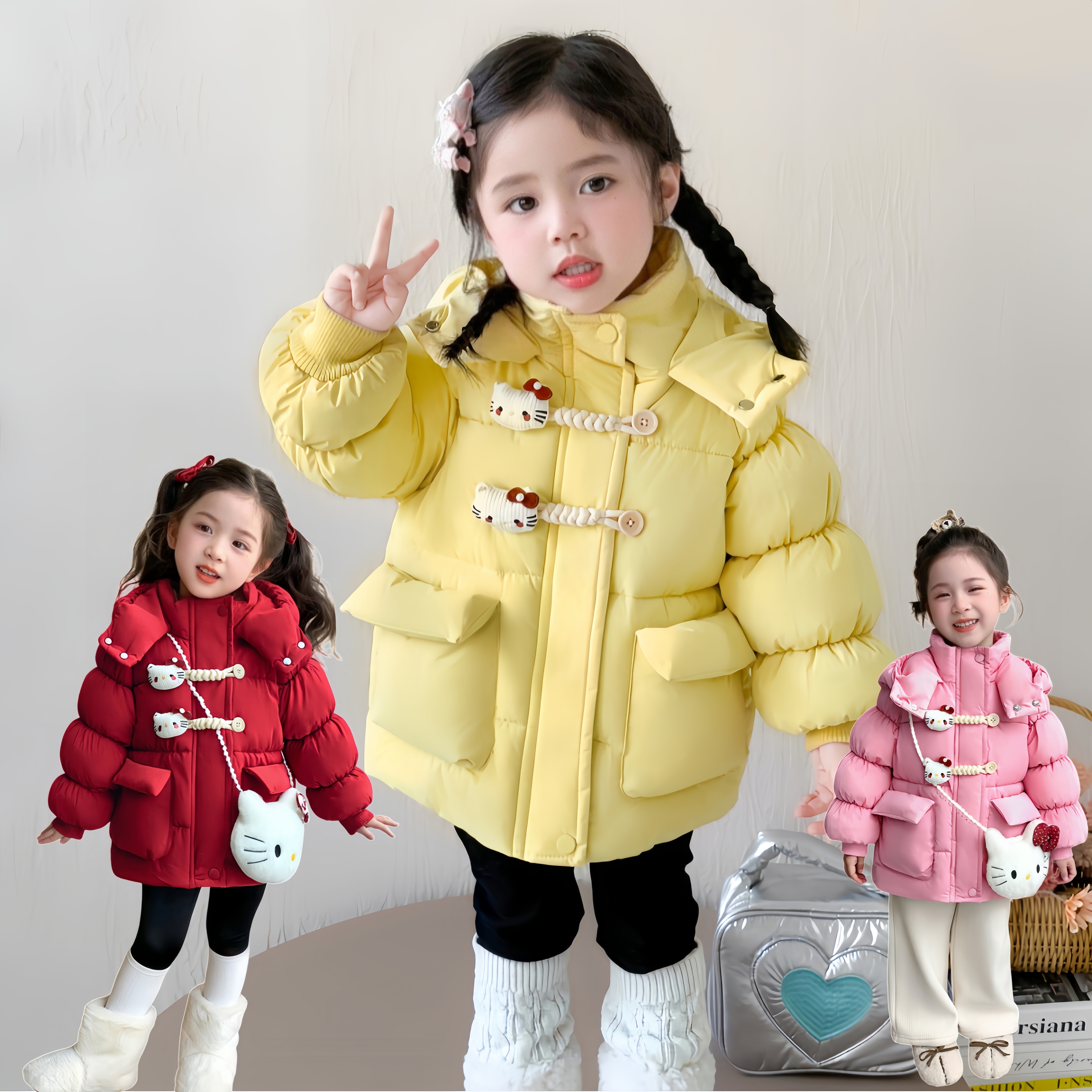 新年款加绒加厚红色年服外套女童中长款卡通棉袄小公主款棉衣棉服
