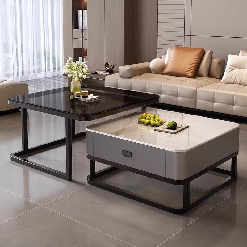 网红高端客厅方形茶几全套一体家用岩板小户型客厅茶几岩板茶几