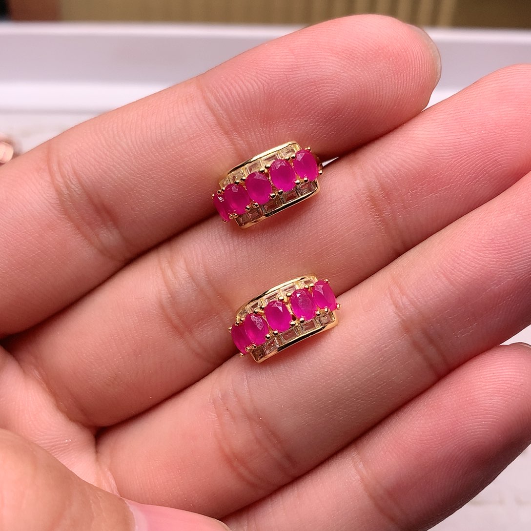 红宝石耳饰银S925镶嵌