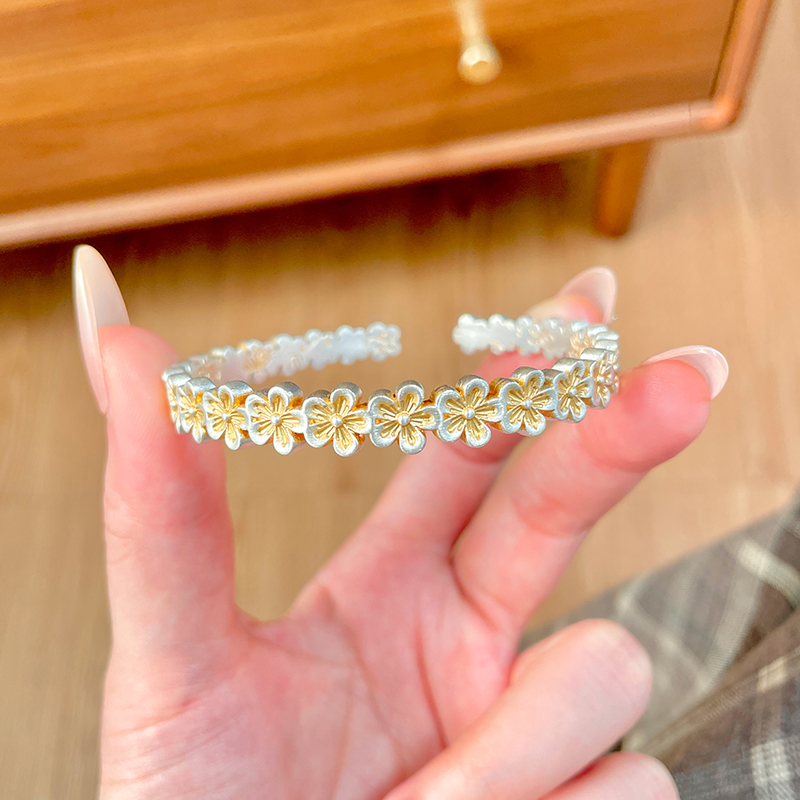 足银珐琅手镯 「花春序」足银999.9宫廷花瓣手镯女国风开口银手镯