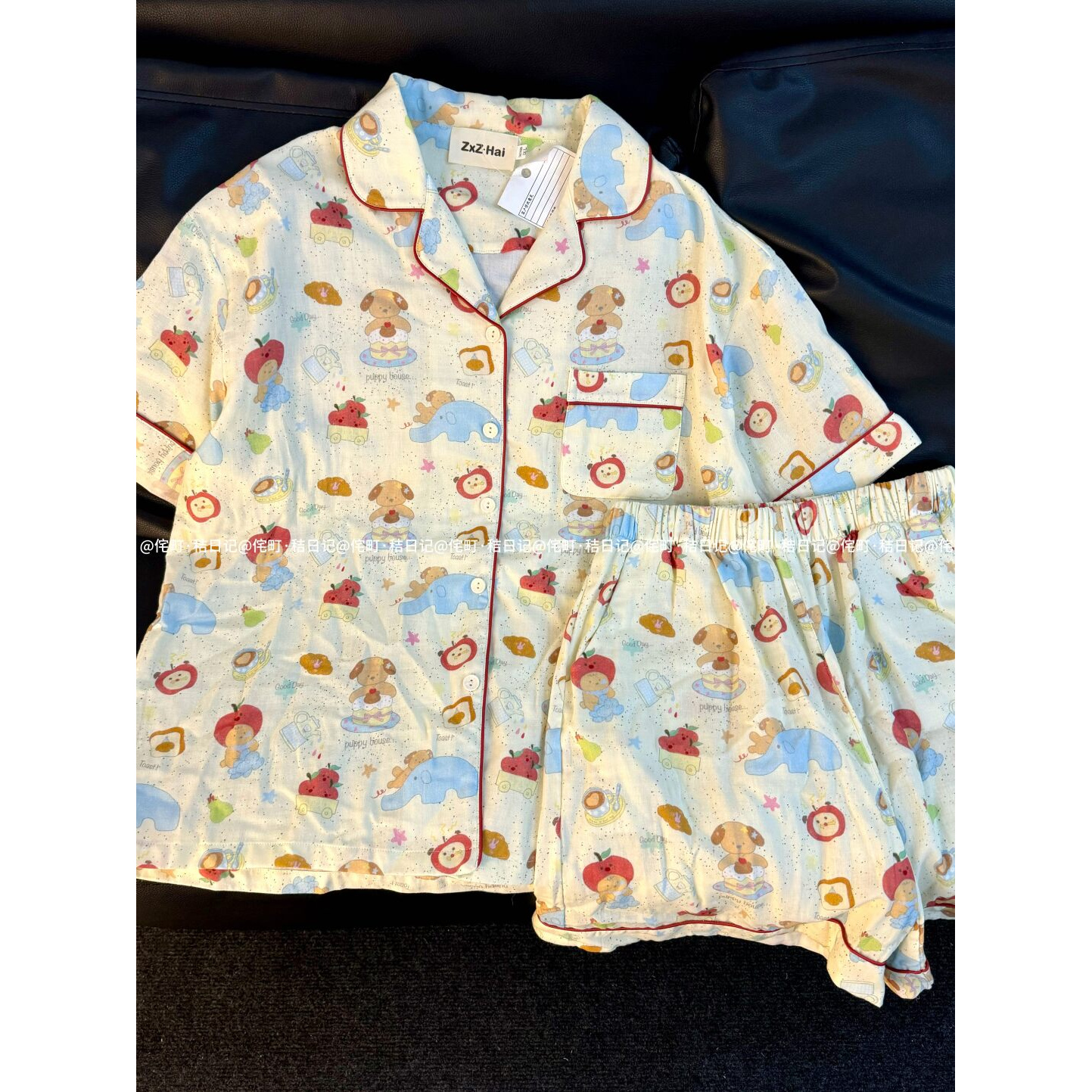 侘町喷墨小狗纯棉双层棉纱睡衣可爱卡通春夏轻薄透气套装