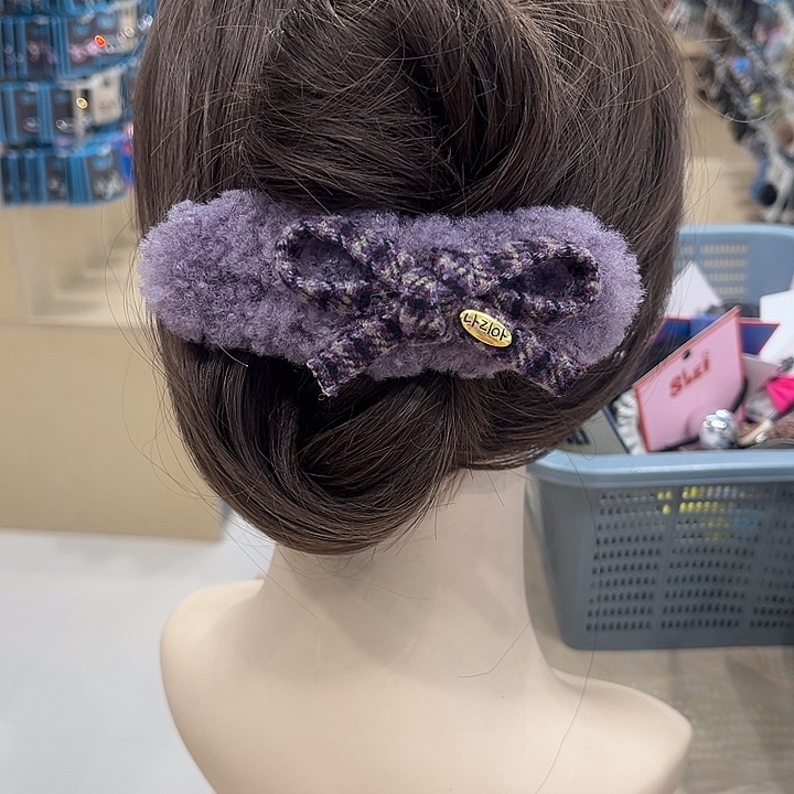 布艺铁合金紫色毛绒绒蝴蝶结懒人夹
