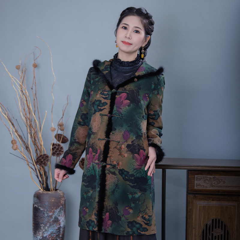 [翠荷]香云纱重磅真丝老料印花棉服连帽毛条中长款棉袄G362485M-2