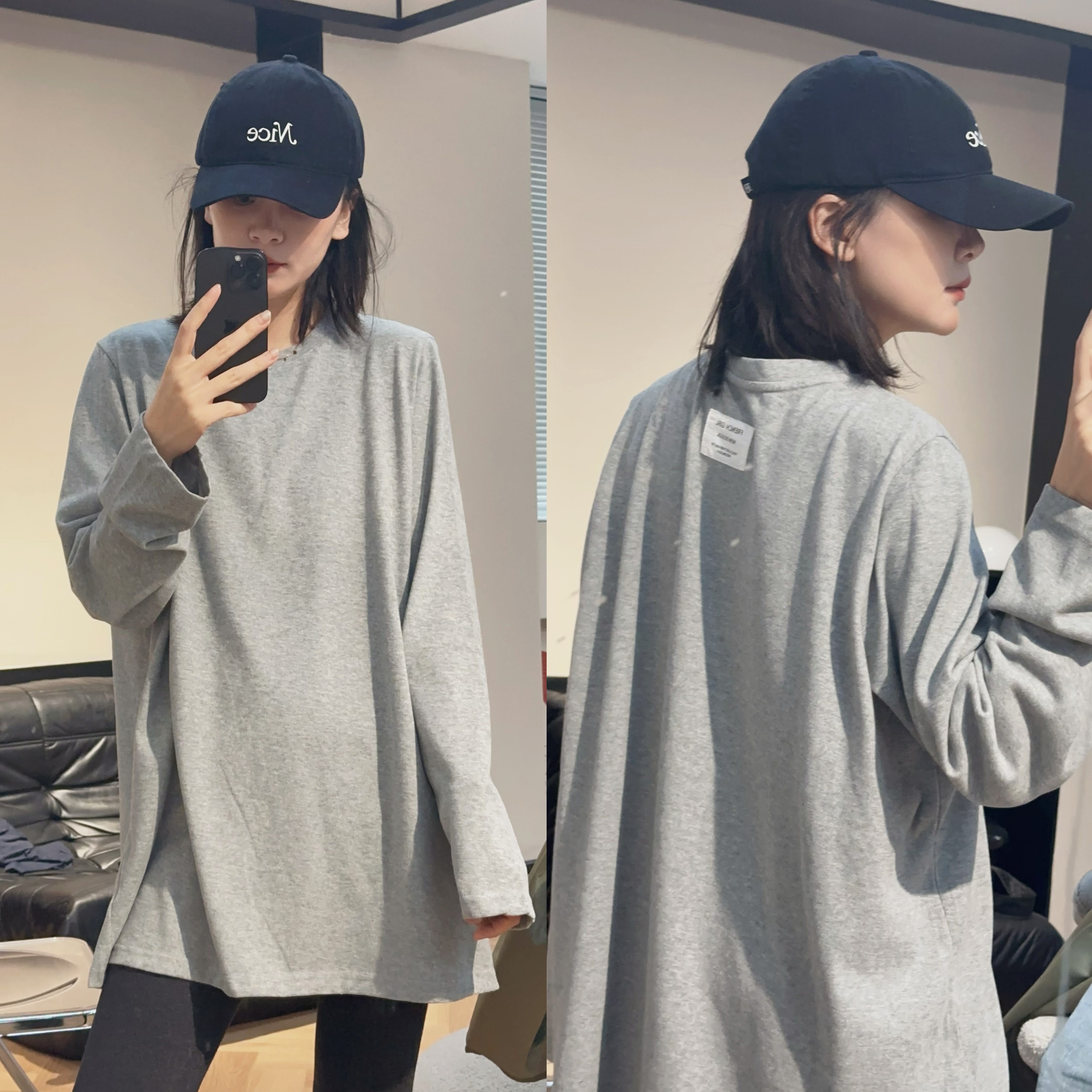 【秀秀新品】后标磨毛宽松休闲大版长袖t恤简约