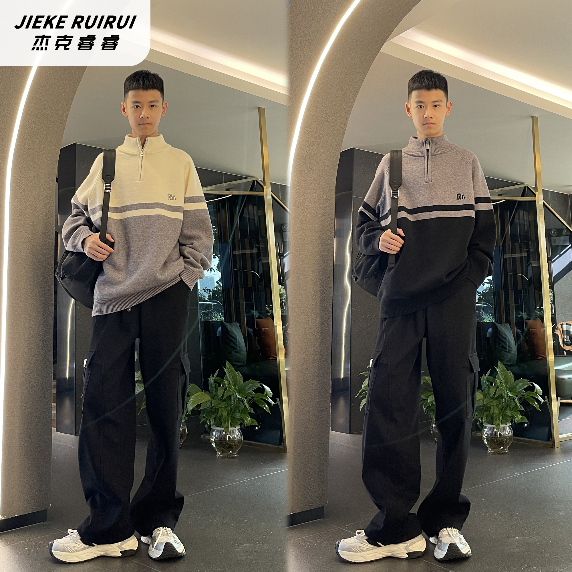 【现货-童】冬季新款撞色半拉链立领毛衣中大童亲子上衣杰克睿睿潮