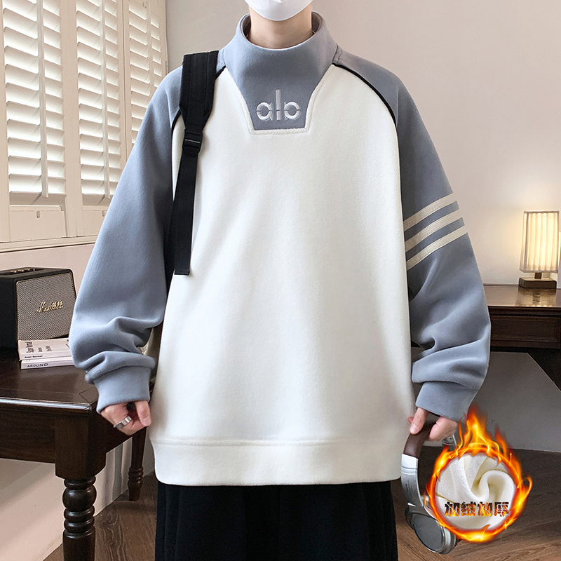 青少年半高领奥粒绒男士卫衣港风时尚潮流百搭学生加厚保暖打底衫