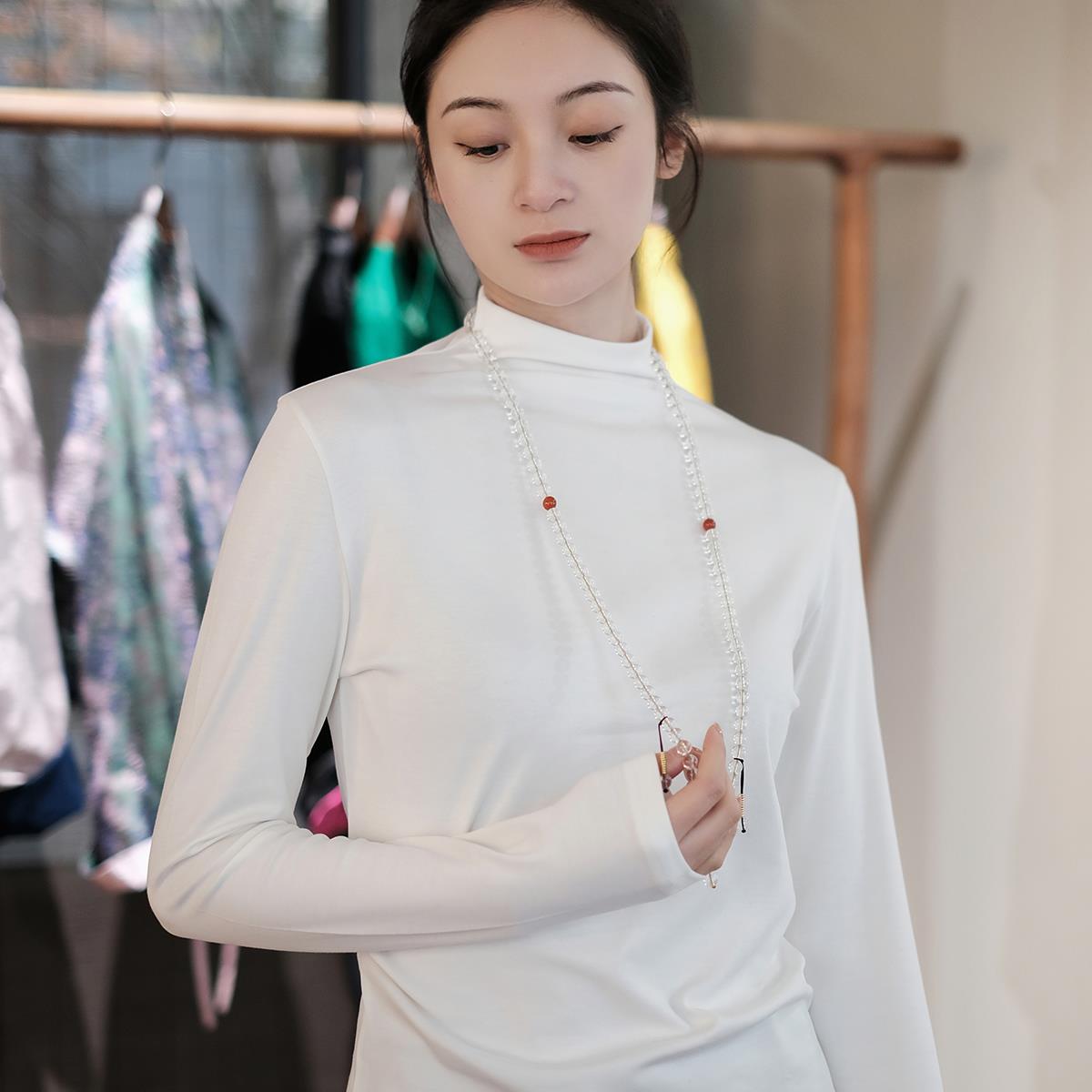 盛唐牡丹艾蒂芮拉莫代尔新疆长绒棉高领打底衫秋冬中国风上衣