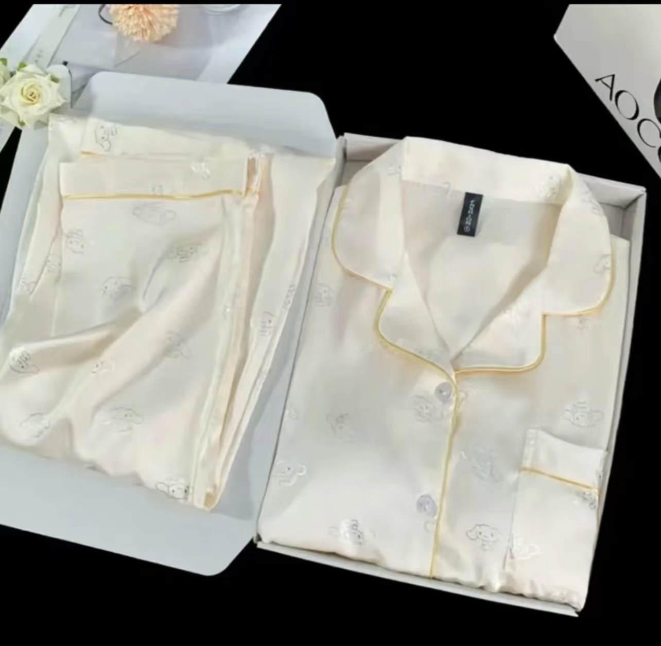 A2【长袖+长裤】新秋天带胸垫冰丝睡衣女翻领轻奢家居服两件套
