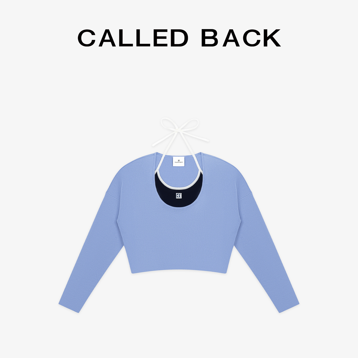 CALLED BACK秋季新款挂脖假两件蓝色时尚长袖针织衫上衣女