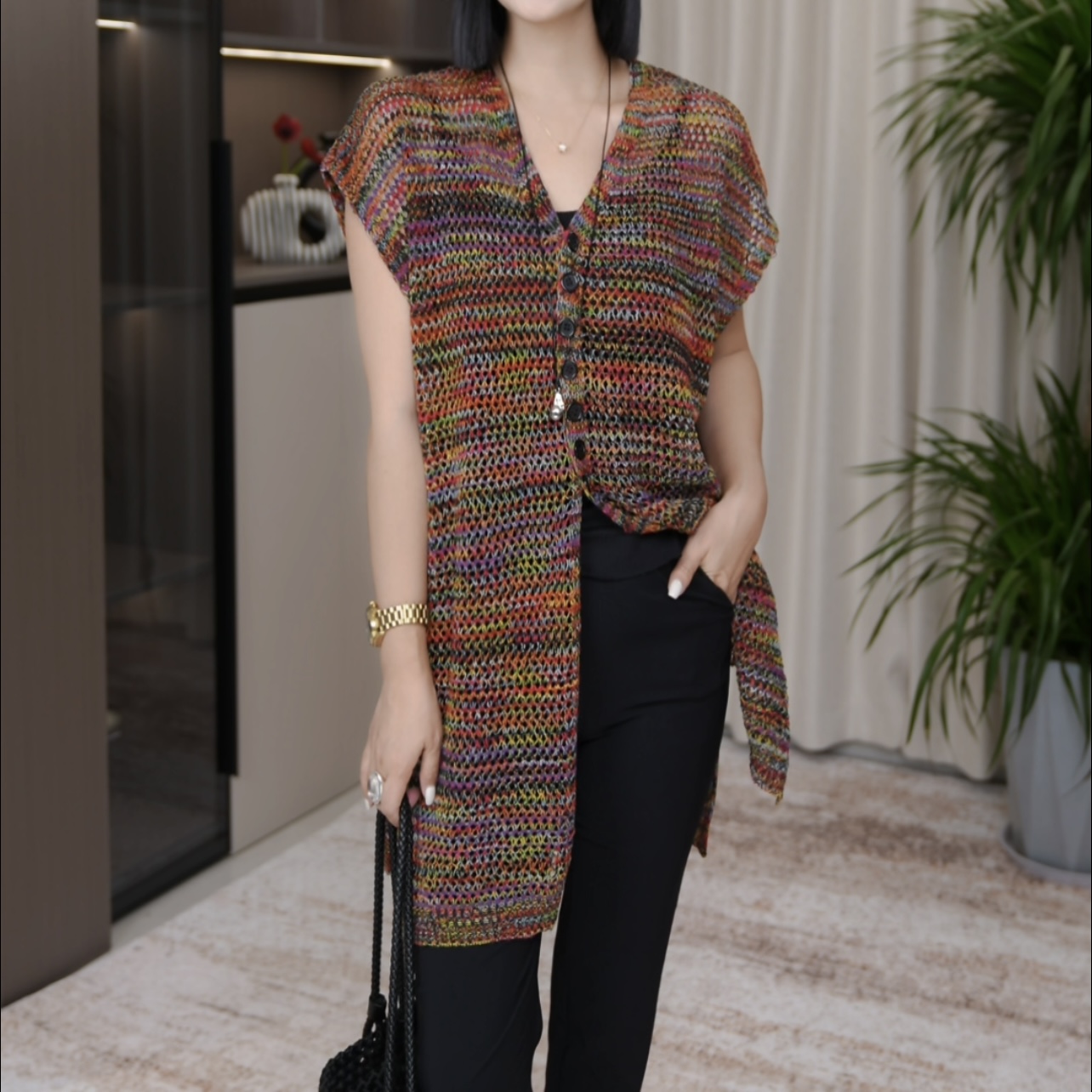 SZ&时尚气质镂空薄款针织无袖上衣F963#夏季复古显瘦中长款上衣