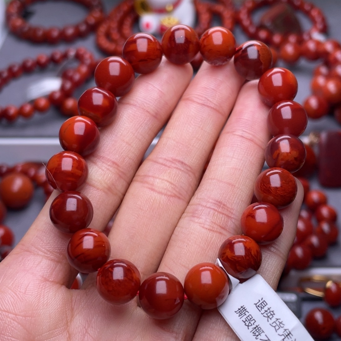 吃***怒南红玛瑙未镶嵌其他天然原矿）10加瓦西玫锦火焰圆珠手串