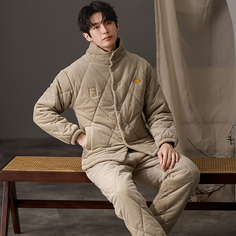 新款男士冬季三层夹棉袄睡衣牛奶绒加绒加厚法兰绒家居服冬天套装