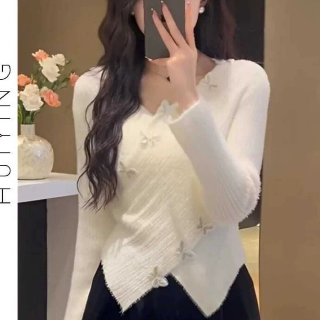 秋冬白色荷叶边蕾丝针织衫女温柔修身内搭打底毛衣设计感纯欲上衣