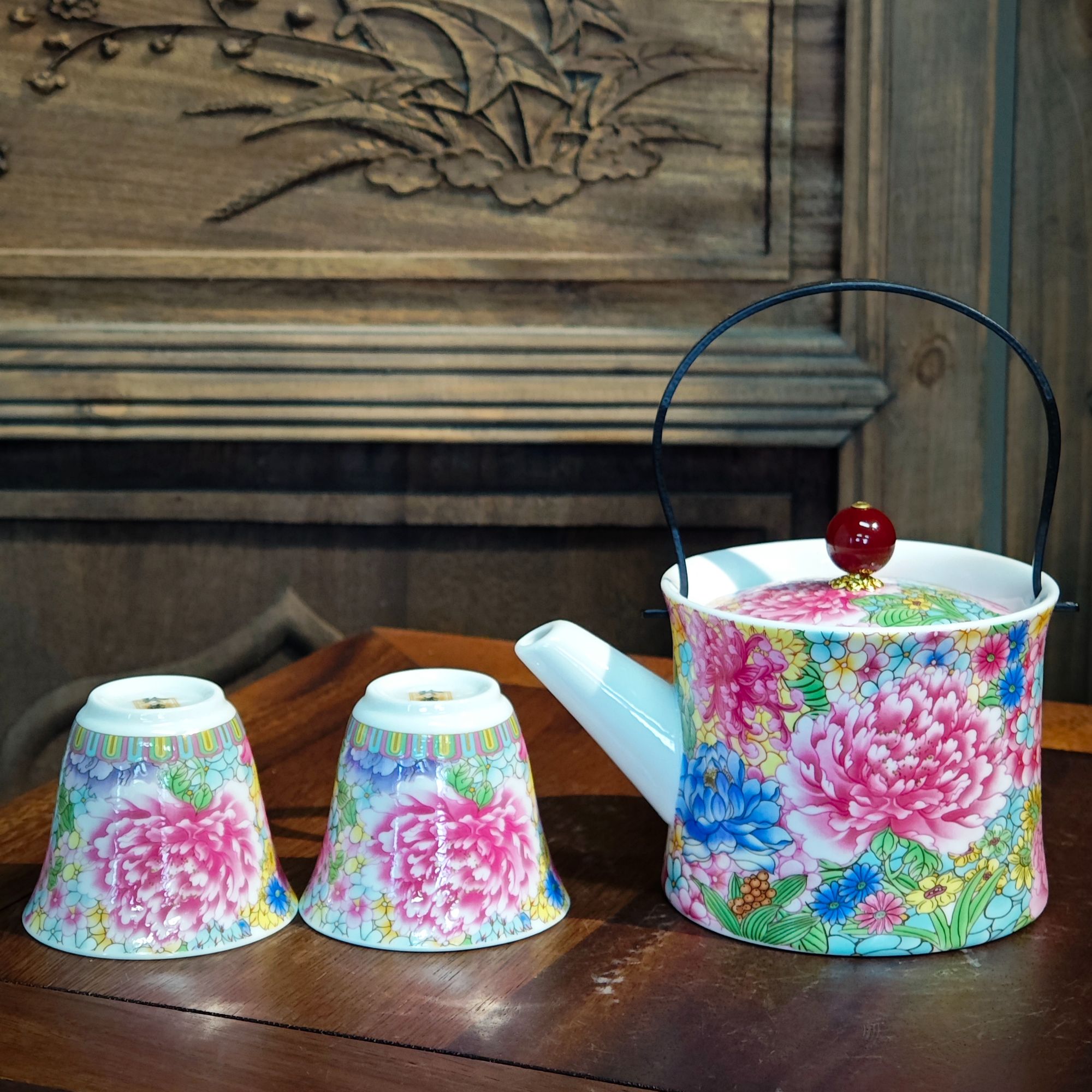 【闪购链接】KL-0006 万彩花提梁壶+两杯