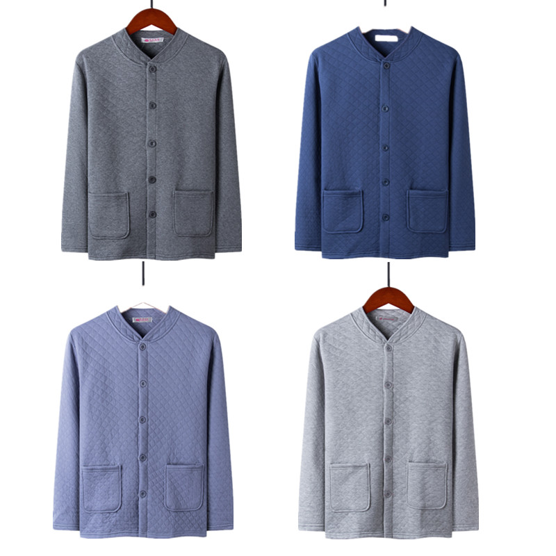 中老年人三层夹棉保暖装男士对襟开衫小棉袄秋冬宽松加厚居家服